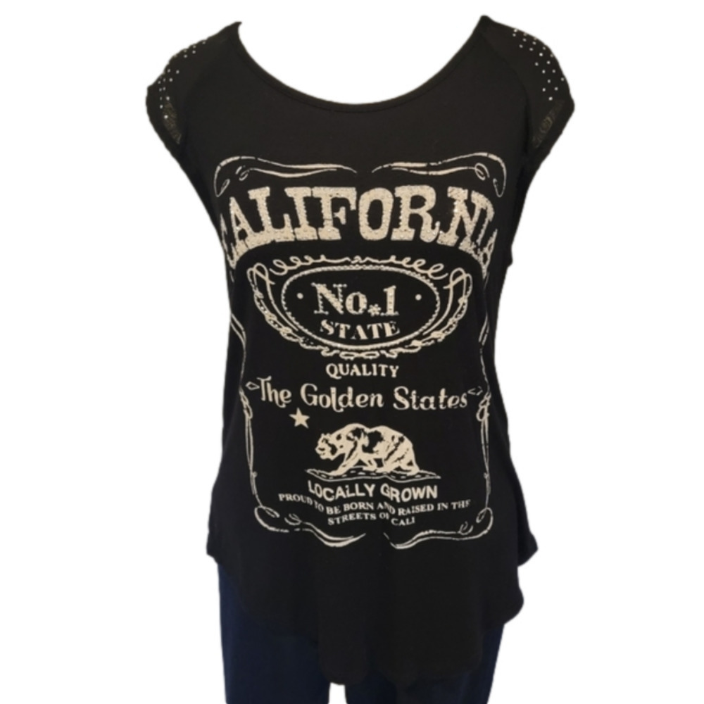 CALIFORNIA Jewel Embellished Black Sleeveless Tee